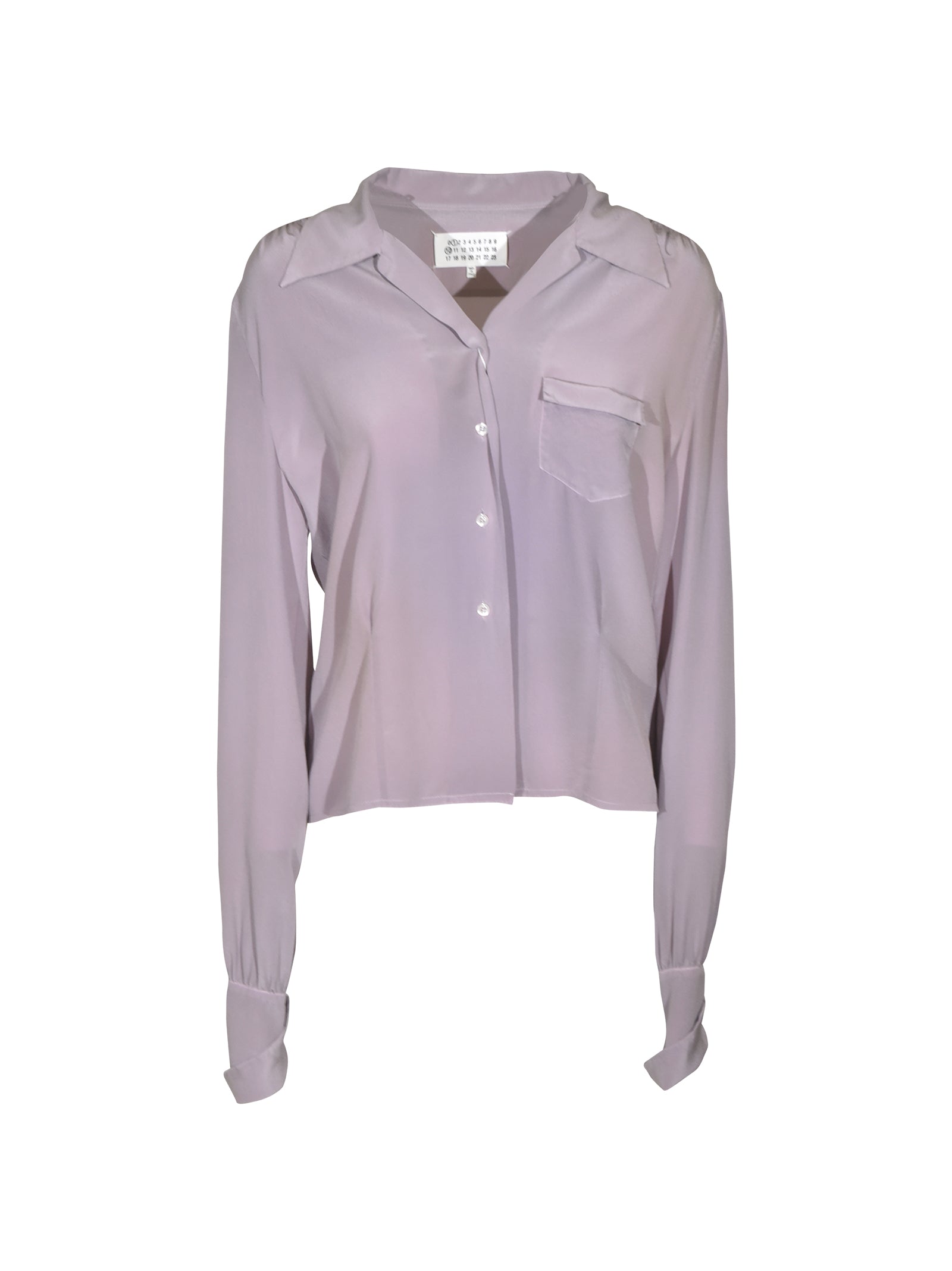 camicia maniche lunghe collo aperto con taschino e spalle arricciate e pences in vita 
