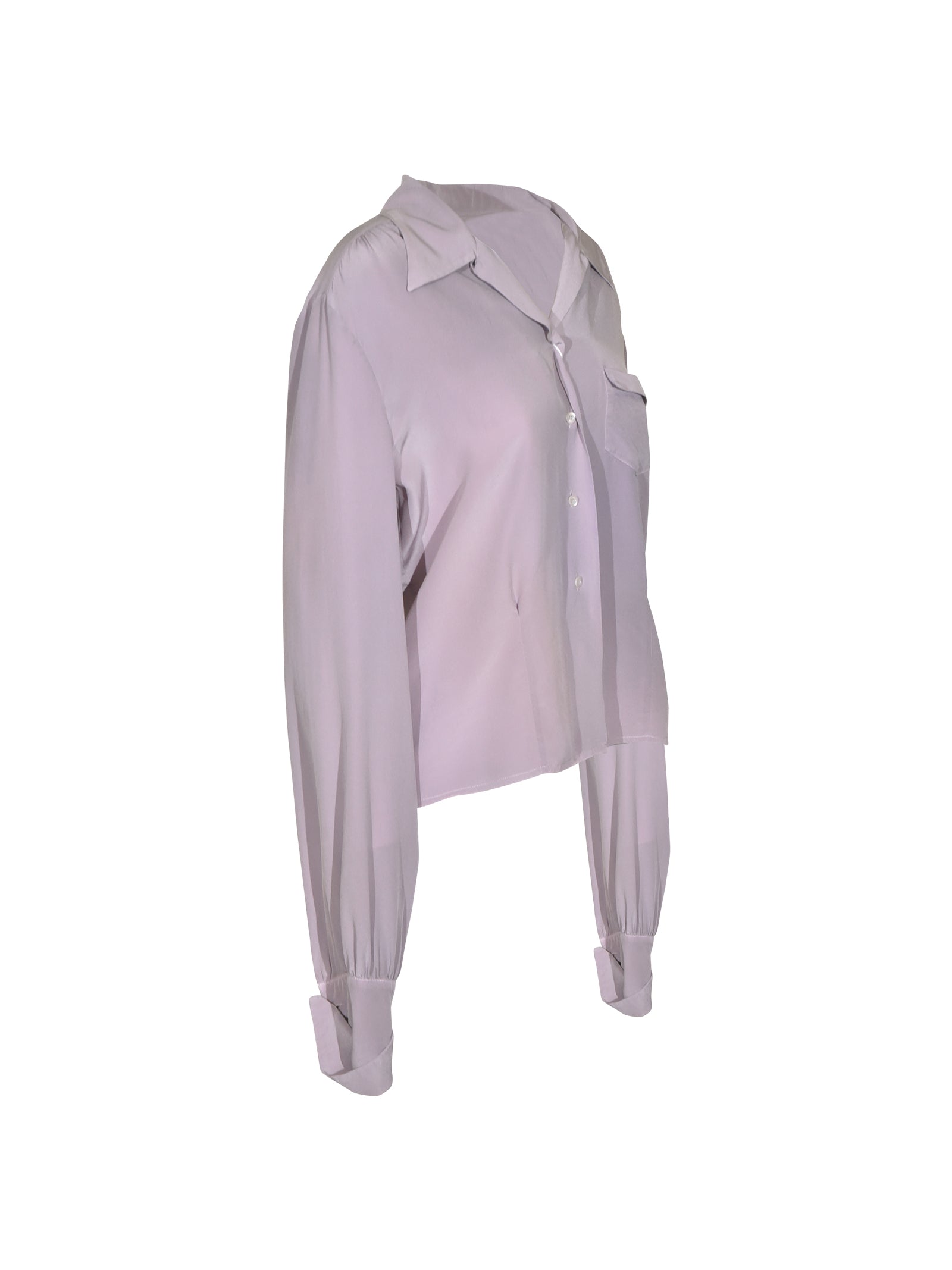 camicia maniche lunghe collo aperto con taschino e spalle arricciate e pences in vita 