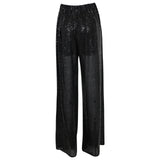 pantaloni paillettes gamba larga elastico vita 